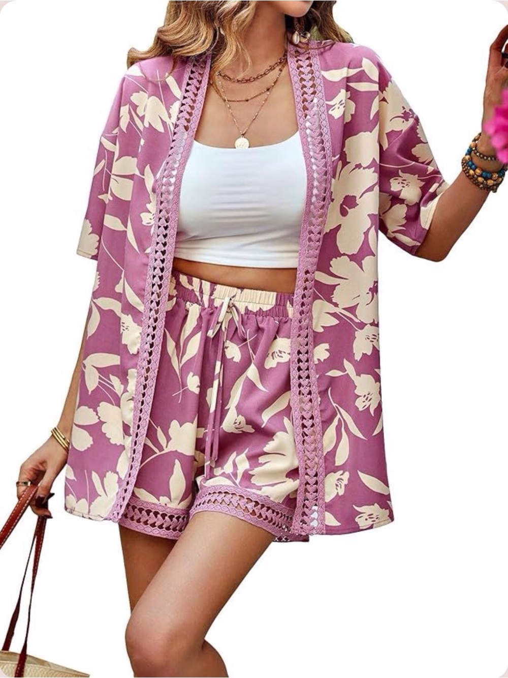 Women’s Mauve/Cream Floral Crochet Trim Two-Piece Kimono Set Size-XXL NEW